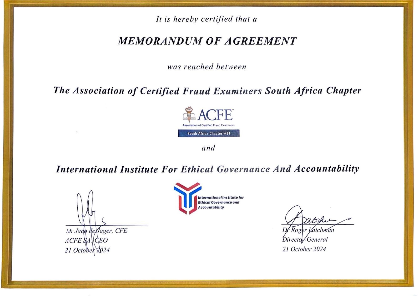 Memorandum of Agreement between ACFE South Africa Chapter and IIEGA
